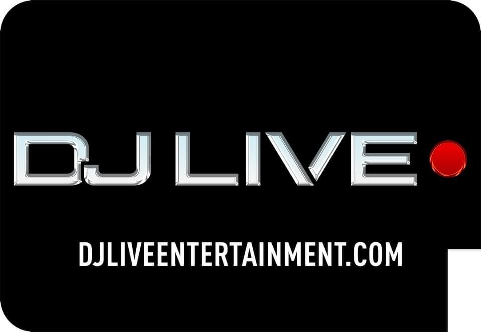 A black and white logo of dj live entertainment.