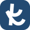 A blue and white icon of a person with a letter k