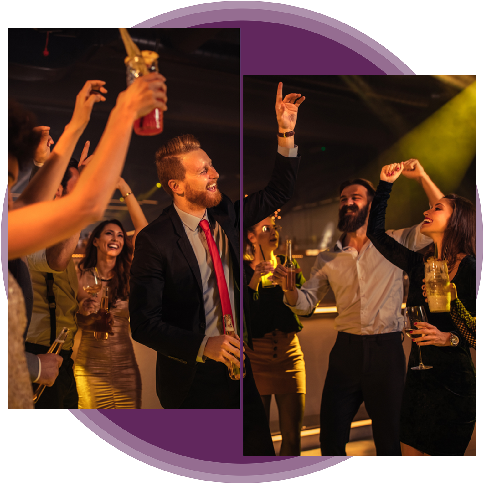 A group of people dancing in front of a purple light.