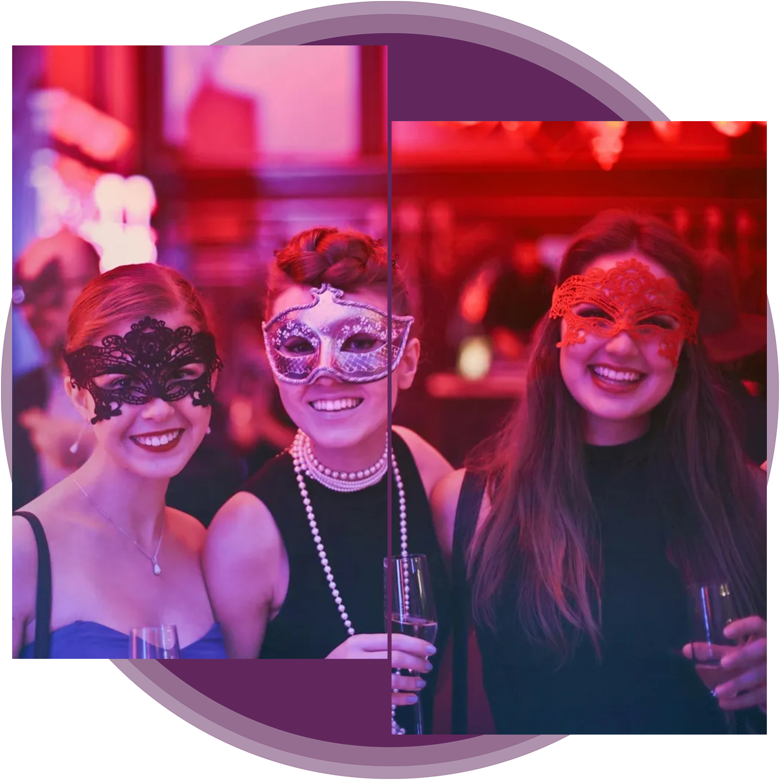 Three women wearing masks and holding drinks at a party.